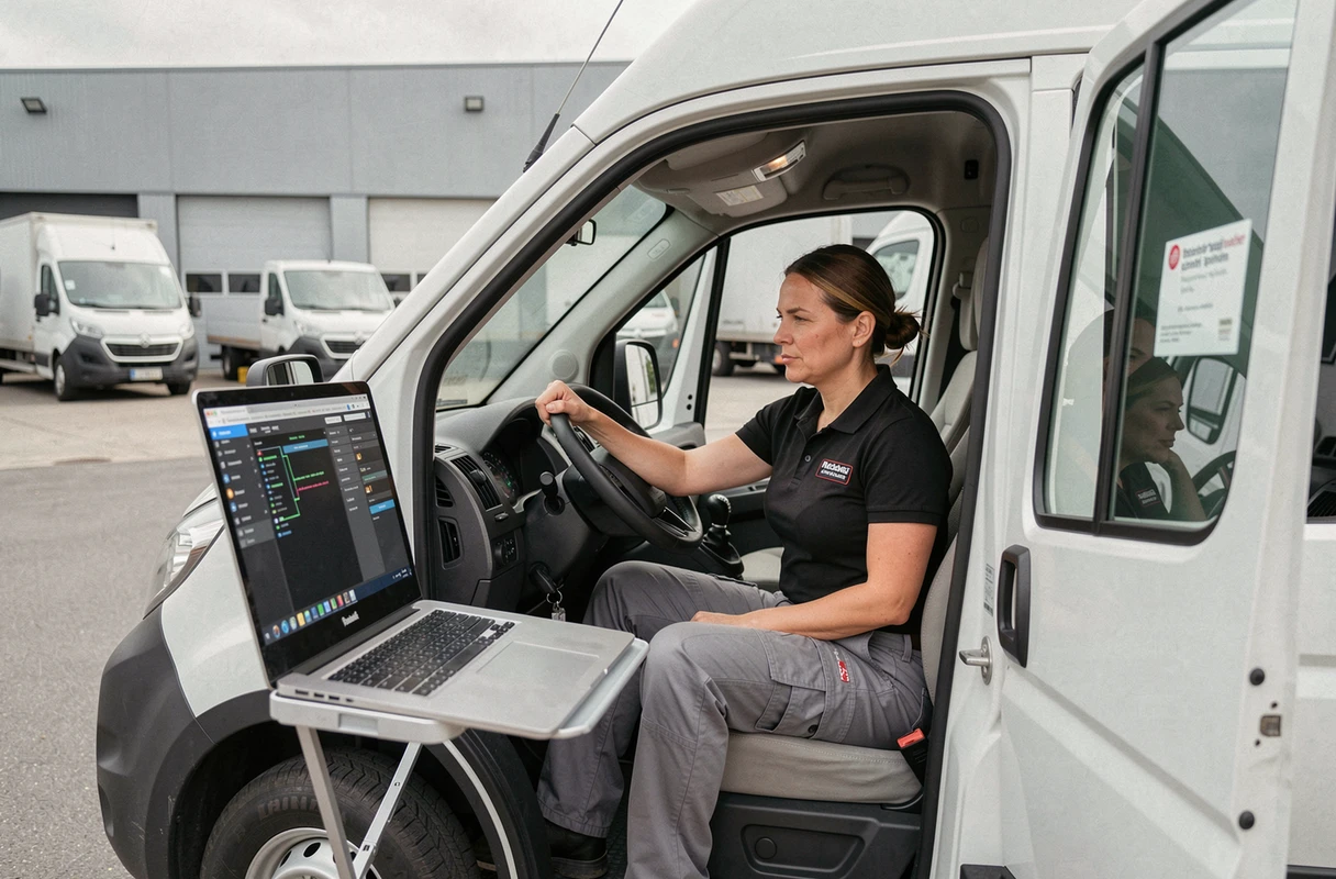 Spécialiste automobile féminine reprogrammant l'ECU d'un Peugeot Boxer sur un ordinateur portable pour désactiver l'anti-démarrage électronique