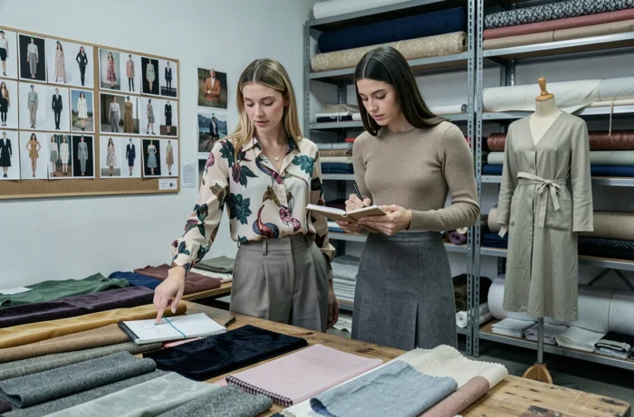 Zwei Stylisten, die in einem zeitgenössischen Kreativatelier Stoffmuster und Modetrends analysieren