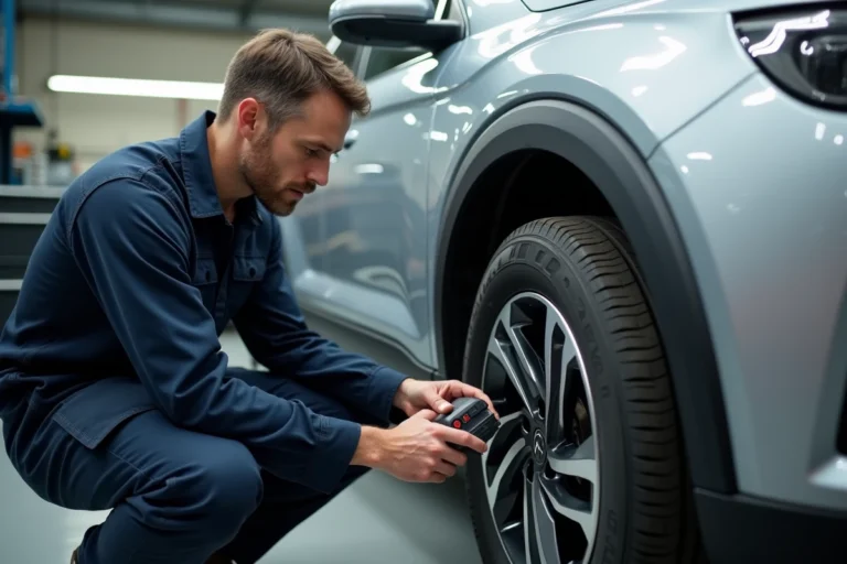 Technicien automobile inspectant le capteur TPMS sur la jante d'une Citroën C5 dans un garage professionnel