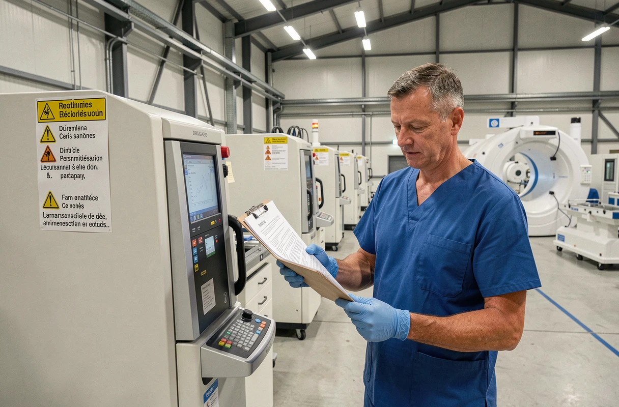 Technicien qualité contrôlant un équipement d'imagerie médicale sur une ligne de production d'un fabricant français