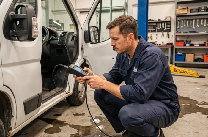 Technicien automobile utilisant un scanner OBD2 pour diagnostiquer l'anti-démarrage d'un Peugeot Boxer dans un garage professionnel