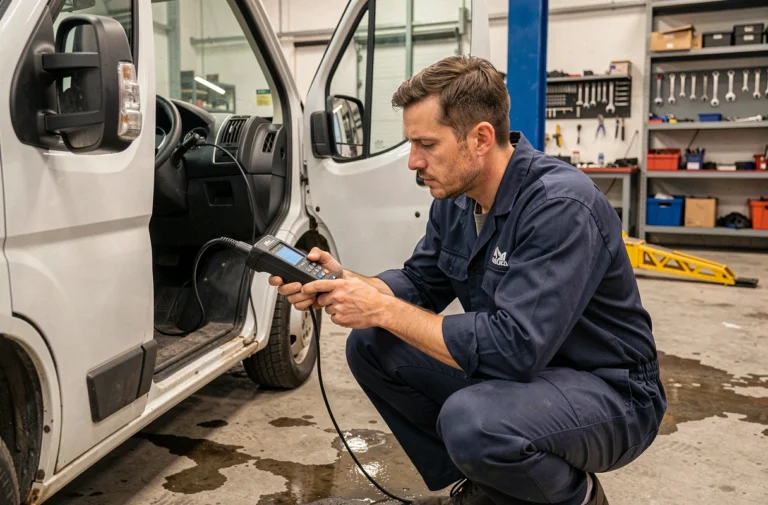 Technicien automobile utilisant un scanner OBD2 pour diagnostiquer l'anti-démarrage d'un Peugeot Boxer dans un garage professionnel