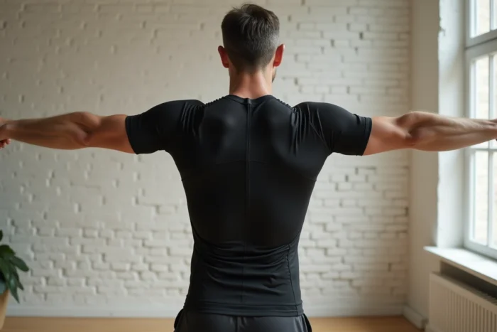 Vue de dos d'un homme en tee-shirt de posture Percko noir dans une salle de sport à domicile, les coutures structurantes du dos clairement visibles pendant un étirement
