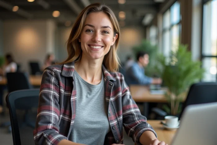 Femme assise dans un espace de coworking portant un tee-shirt correcteur de posture Percko sous une chemise ouverte, adoptant une posture droite et détendue