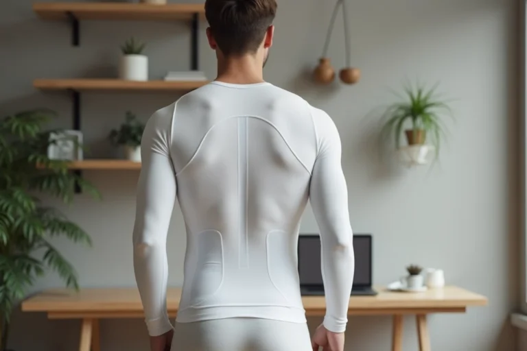 Homme portant un tee-shirt de posture Percko en position debout dans un bureau moderne, vue de trois quarts montrant la structure du tissu au niveau du dos