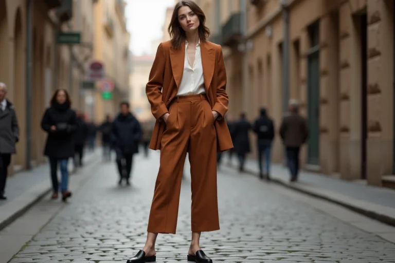 Femme en blazer structuré terracotta et pantalon large, style mode tendance 2026 dans une rue européenne pavée