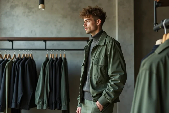 Homme en tenue monochrome vert sauge dans un concept store minimaliste, tendances mode masculine 2026
