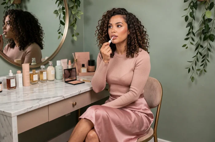 Femme aux cheveux bouclés appliquant son maquillage devant une coiffeuse avec des produits de beauté tendance de la saison