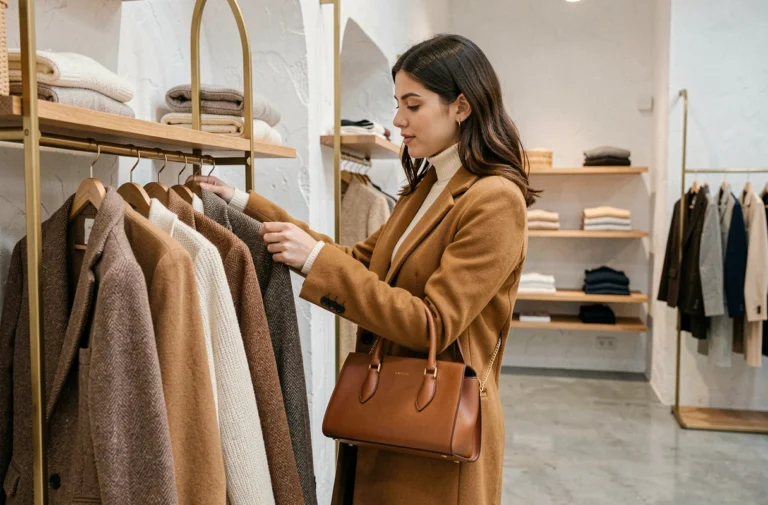 Jeune femme élégante en manteau camel découvrant les nouvelles tendances mode dans une boutique parisienne moderne