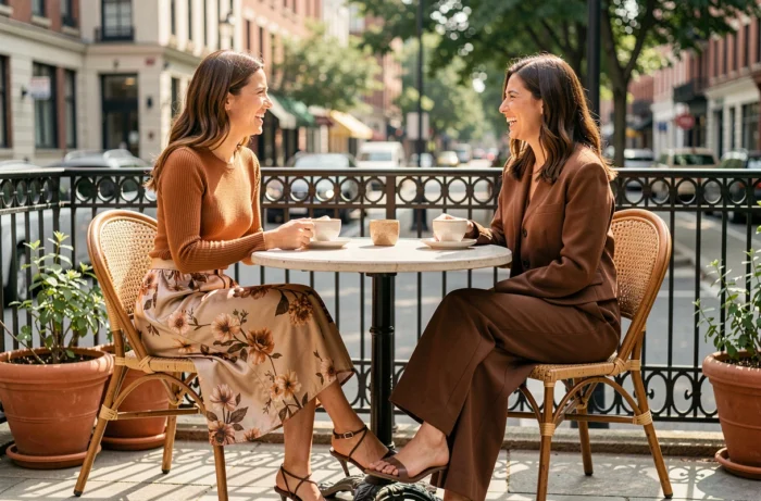 Deux femmes élégantes aux tenues tendance automne-hiver attablées en terrasse de café urbain, style mode lifestyle