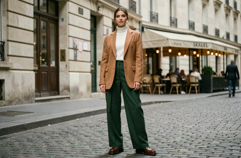 Femme élégante portant un blazer camel oversize et un pantalon vert forêt dans une rue pavée parisienne, tendances mode automne