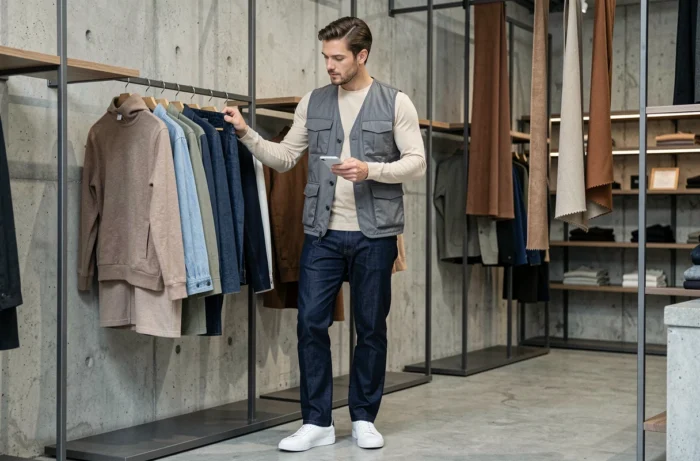 Homme tendance portant un gilet utilitaire gris et un jean indigo dans un concept store moderne aux murs en béton brut