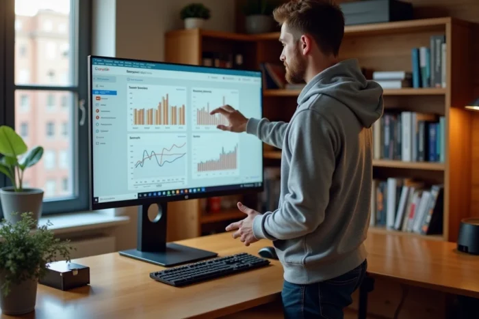 Homme consultant des tendances SEO sur un écran tactile dans un bureau à domicile
