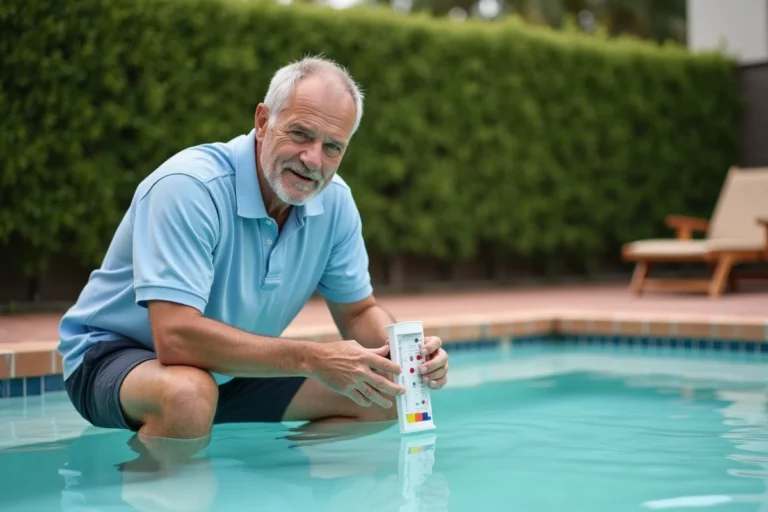 Homme testant la qualité de l'eau d'une piscine trouble après un surdosage de clarifiant