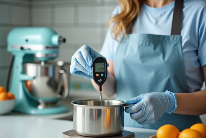 Mesure de la température du sirop de sucre avec un thermomètre de cuisine pour garantir la sécurité alimentaire de la pâte à bombe