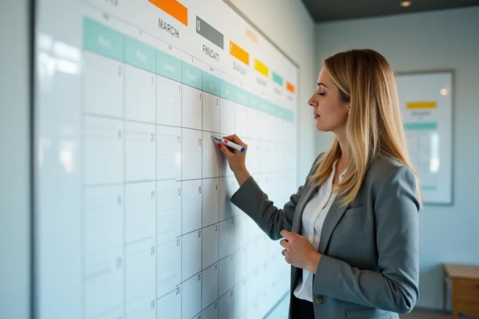 Femme organisant son agenda avec la méthode du time blocking sur un grand calendrier mural coloré avec des plages horaires libres