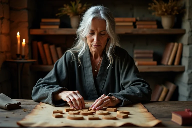 Femme tirant des runes Bourzeix en bois sur une table ancienne dans une pièce aux murs en pierre, entourée de livres et d'herbes séchées