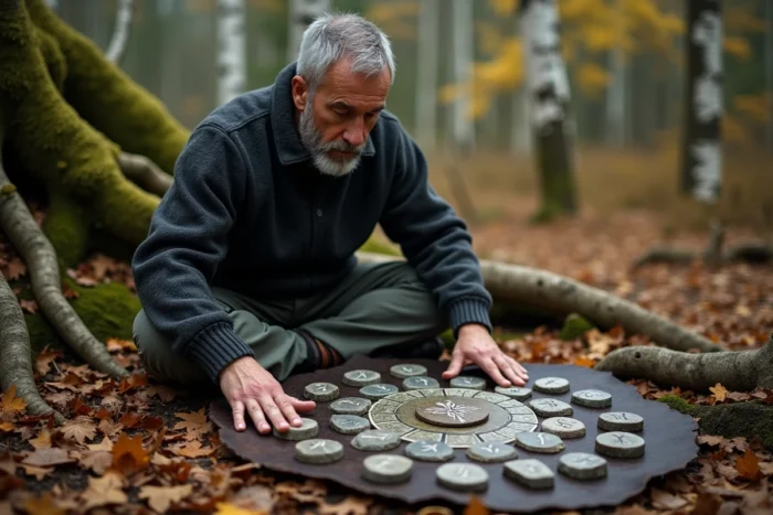 Homme arrangeant des runes Bourzeix en pierre en cercle sur du cuir dans une forêt d'automne parmi des racines d'arbres