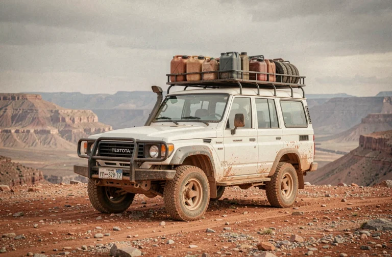 Toyota Land Cruiser HDJ 100 blanc équipé pour l'aventure, garé sur un plateau rocheux avec équipement de récupération visible sur le toit