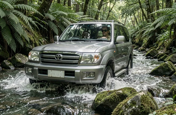 Toyota Land Cruiser HDJ 100 gris traversant un gué rocheux en forêt verdoyante, éclaboussures d'eau autour des roues tout-terrain