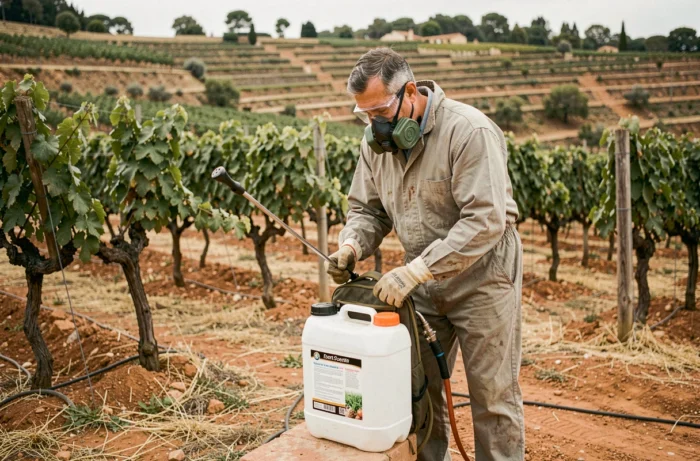 Landarbeiter in Schutzanzug, der einen Glyphosat-Sprühgerät in einem spanischen Weinberg füllt