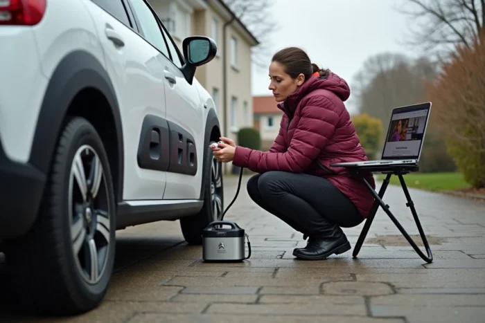Femme vérifiant la pression des pneus d'une Citroën C5 dans une allée privée avec tutoriel TPMS ouvert sur ordinateur portable
