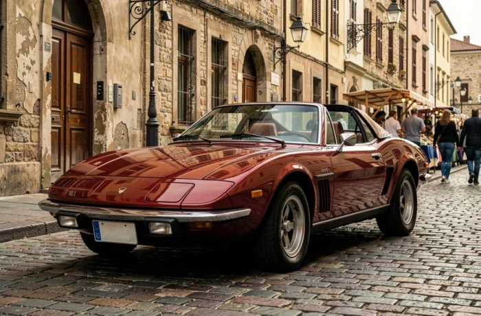 Voiture de sport européenne vintage des années 1970 en rouge oxyde garée sur des pavés dans un quartier historique