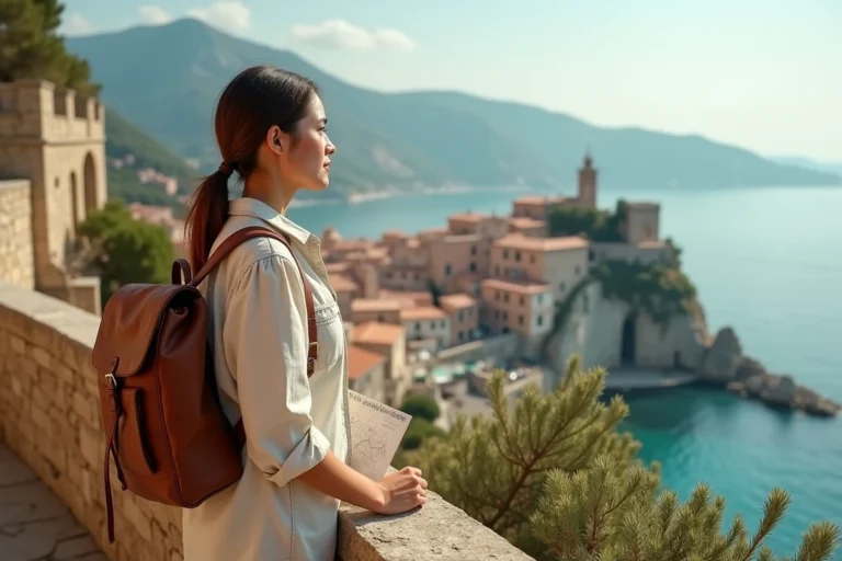 Voyageuse contemplant un village côtier méditerranéen depuis un belvédère en pierre lors d'un voyage inoubliable