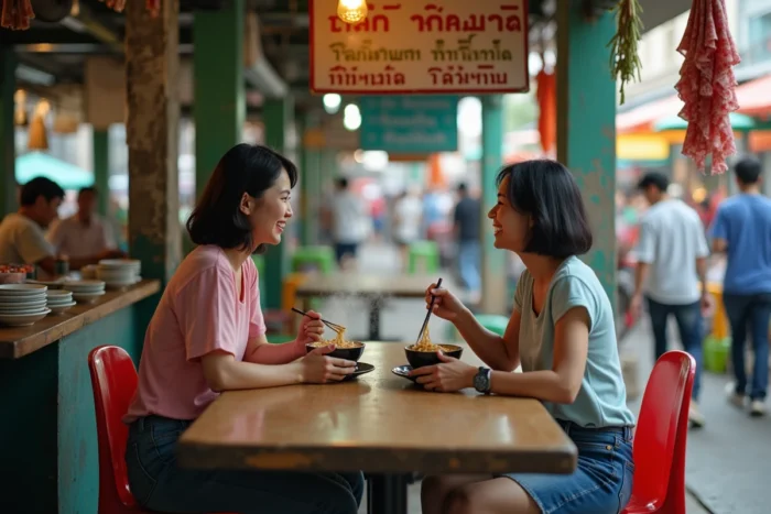 Deux voyageuses partageant un repas local dans un marché animé en Asie du Sud-Est lors d'une activité culinaire de voyage