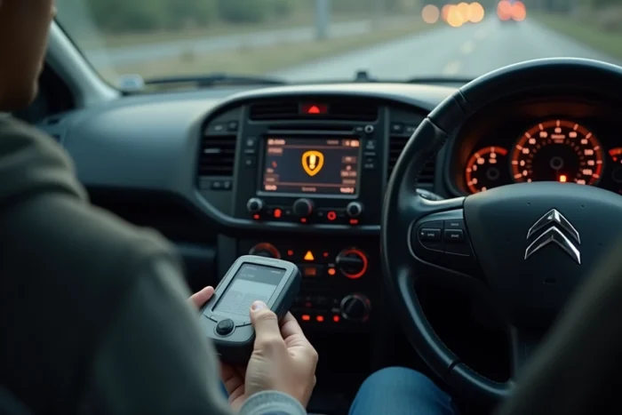 Voyant TPMS allumé sur le tableau de bord d'une Citroën C5 avec scanner OBD2 branché