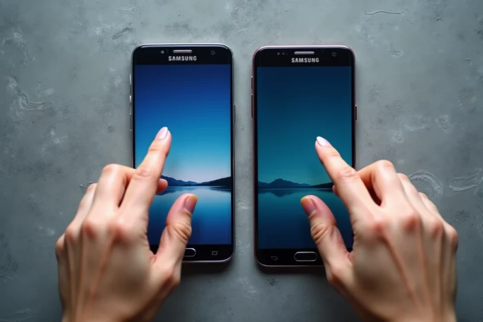 Vue de dessus de deux smartphones Samsung Galaxy A et S comparés côte à côte sur une surface grise texturée